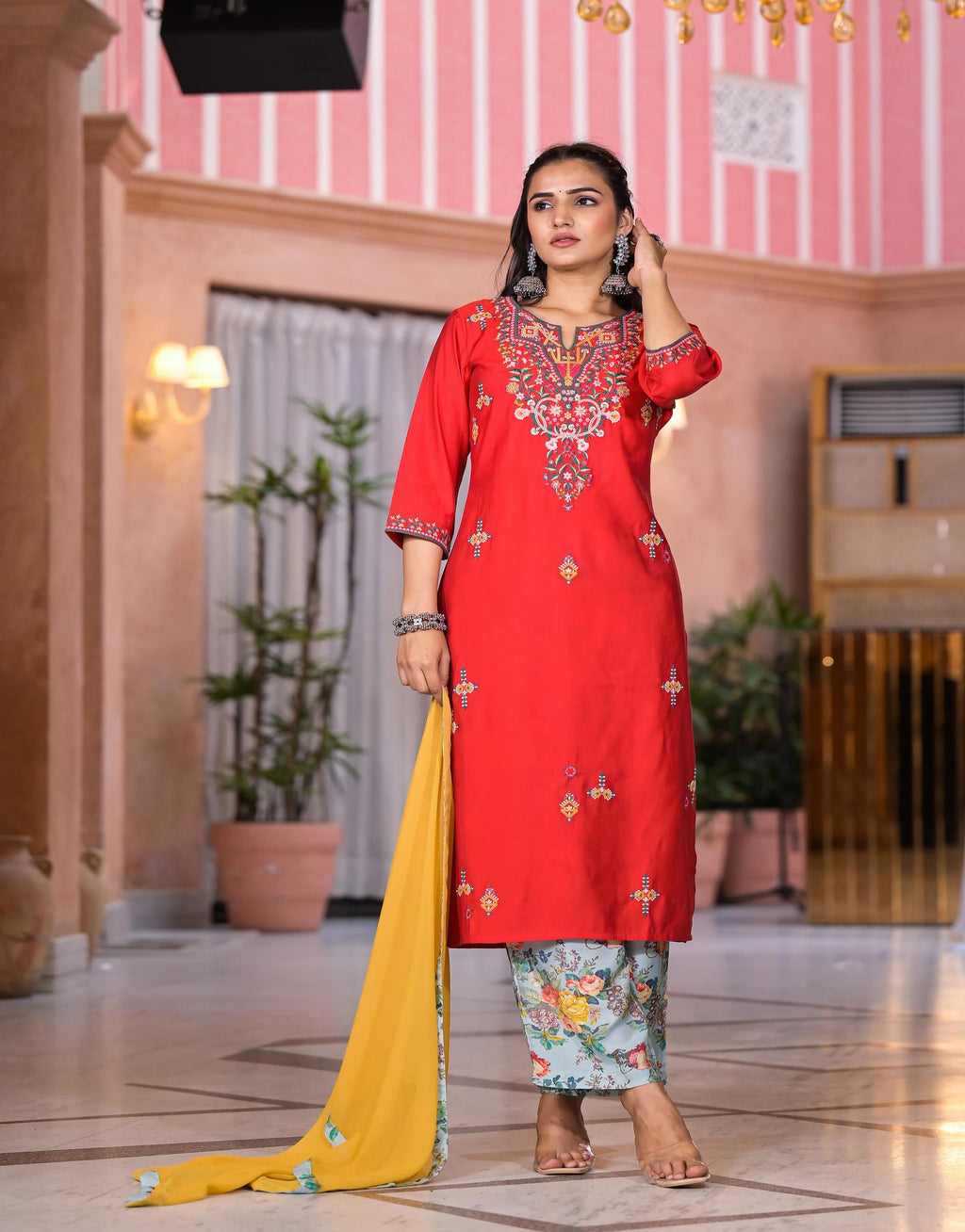 Juniper Women's Multi Color Floral Printed Viscose Kurta Set With Mirror & Thread Work | Grocsy