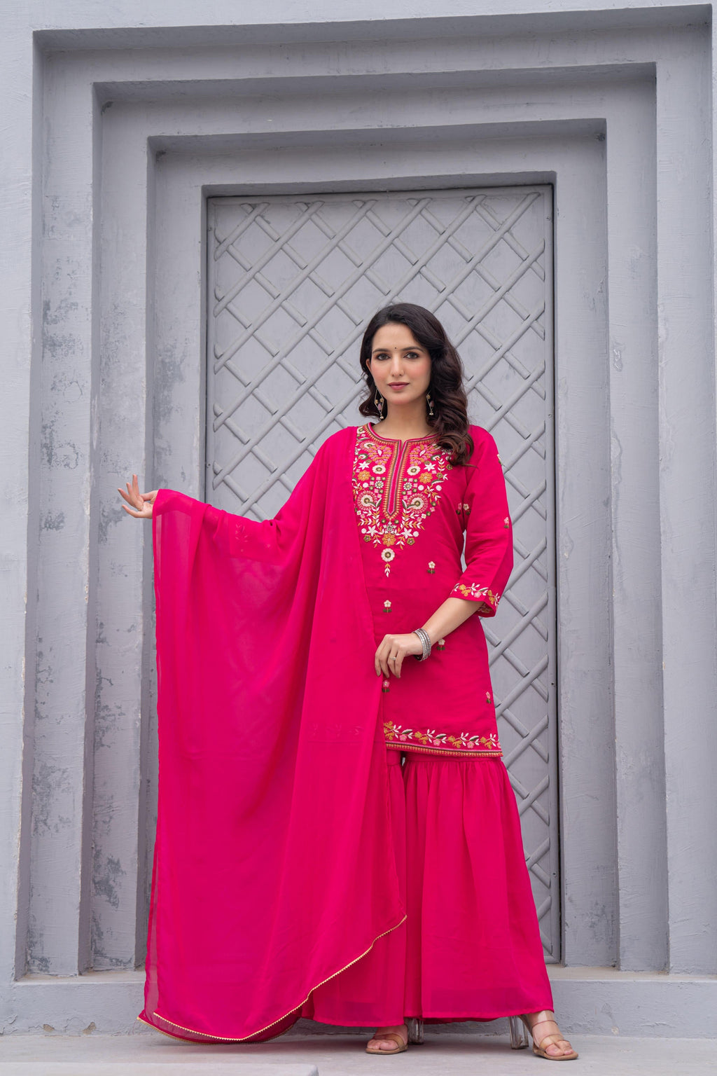 Juniper Gulnaar Gulab Embroidered Sharara Set | Grocsy