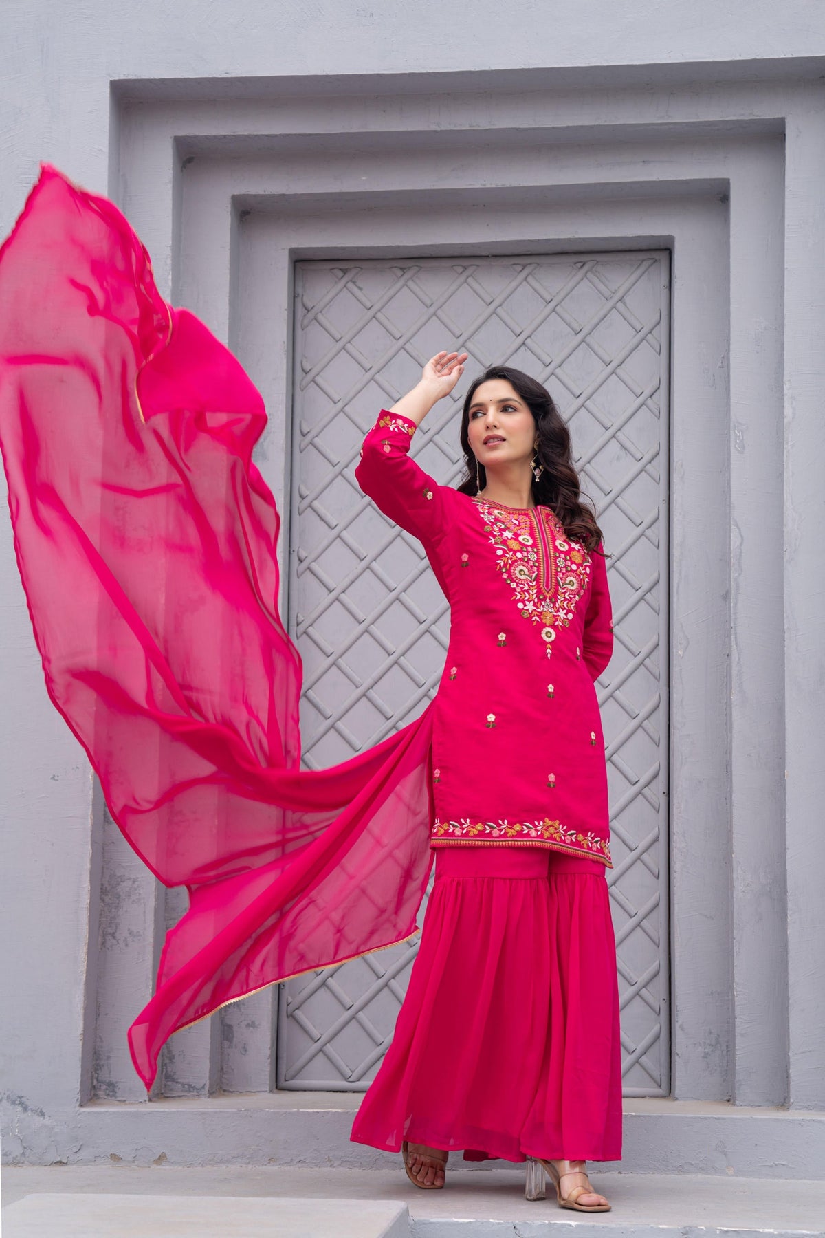 Juniper Gulnaar Gulab Embroidered Sharara Set | Grocsy