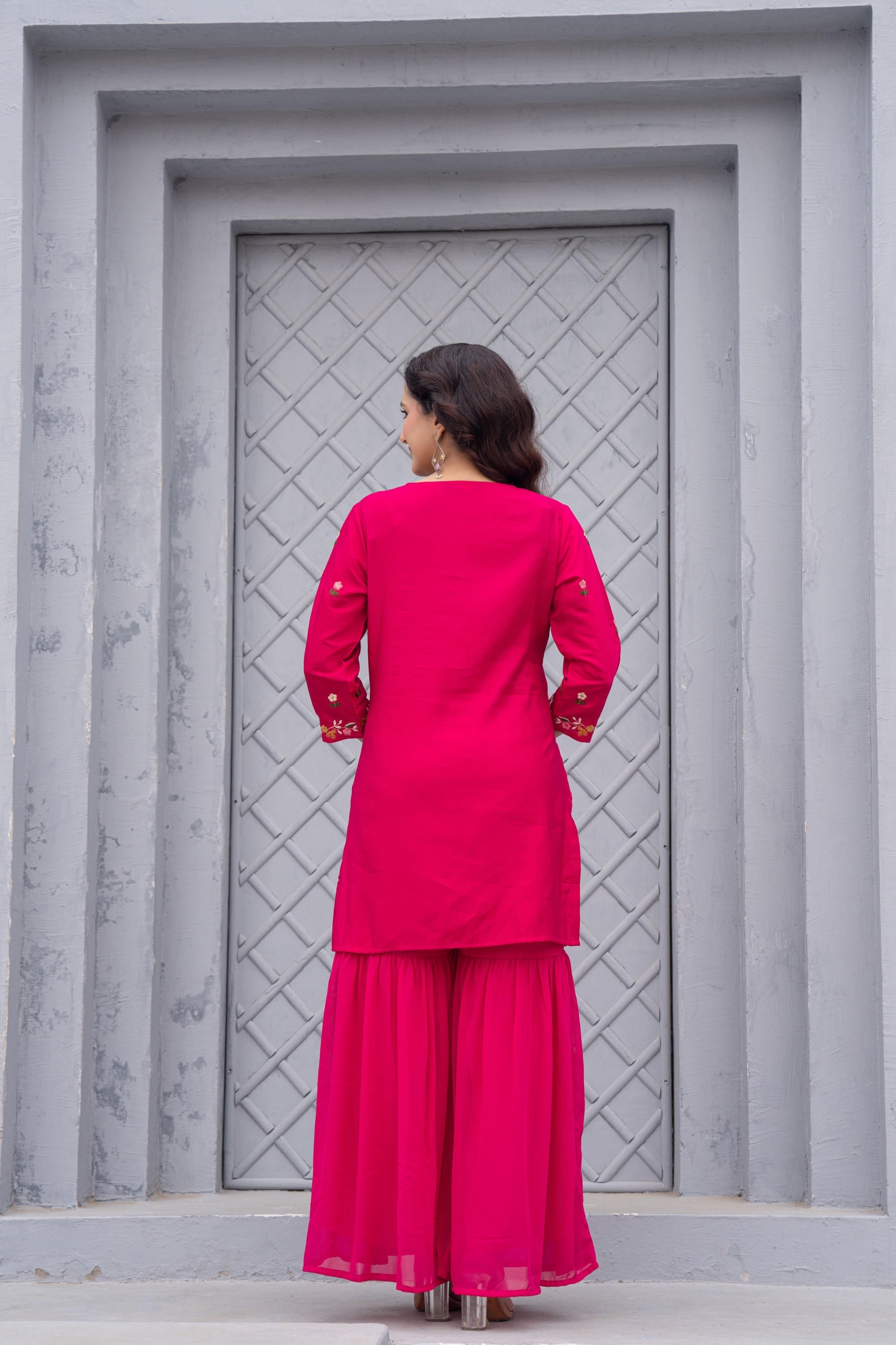Juniper Gulnaar Gulab Embroidered Sharara Set | Grocsy
