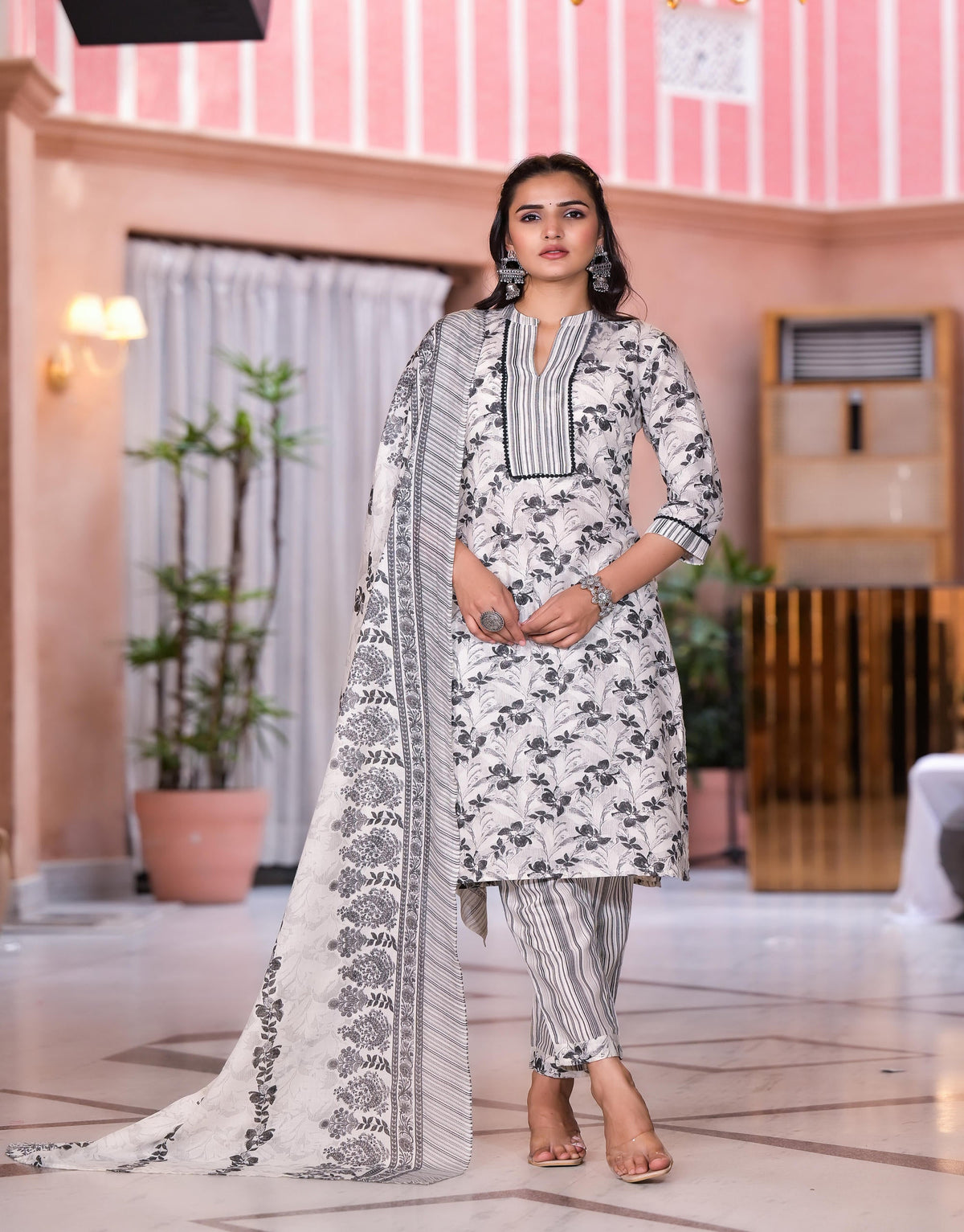 Juniper Women's Grey Floral Printed Cotton Kurta Set With Lace | Grocsy