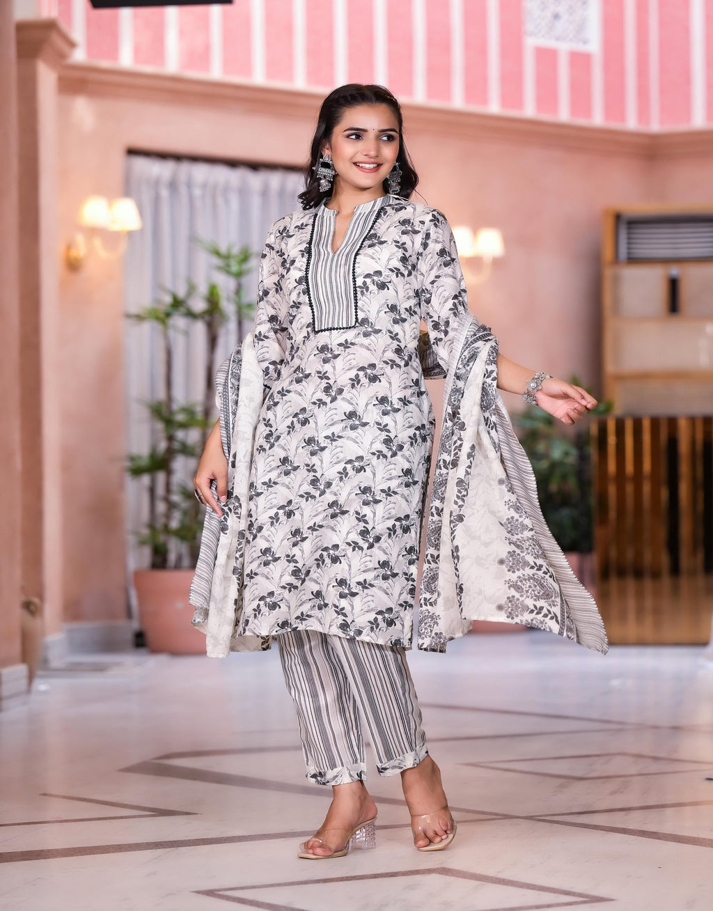 Juniper Women's Grey Floral Printed Cotton Kurta Set With Lace | Grocsy