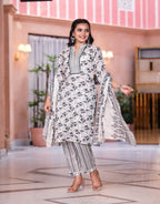 Juniper Women's Grey Floral Printed Cotton Kurta Set With Lace | Grocsy