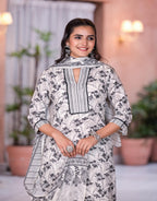 Juniper Women's Grey Floral Printed Cotton Kurta Set With Lace | Grocsy