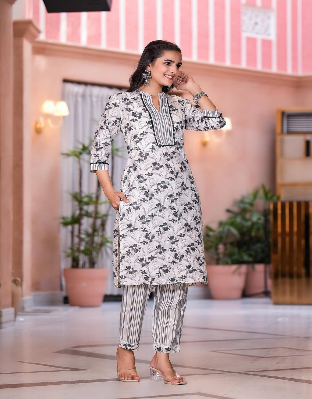 Juniper Women's Grey Floral Printed Cotton Kurta Set With Lace | Grocsy