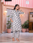 Juniper Women's Grey Floral Printed Cotton Kurta Set With Lace | Grocsy