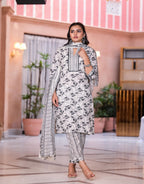 Juniper Women's Grey Floral Printed Cotton Kurta Set With Lace | Grocsy