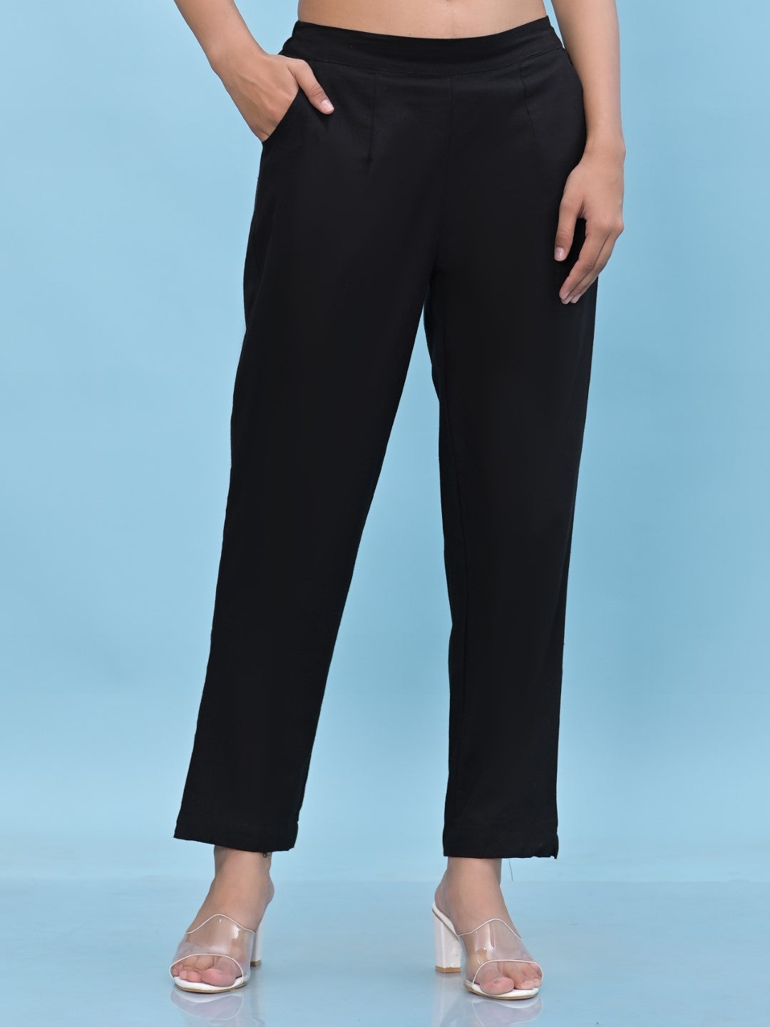 Juniper Women's Black Solid Cotton Pants with Partially Elasticated Waistband and Two Side Pockets | Grocsy