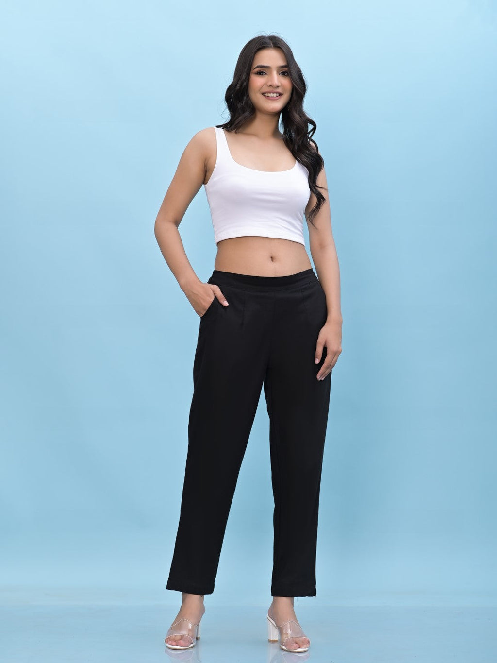 Juniper Women's Black Solid Cotton Pants with Partially Elasticated Waistband and Two Side Pockets | Grocsy