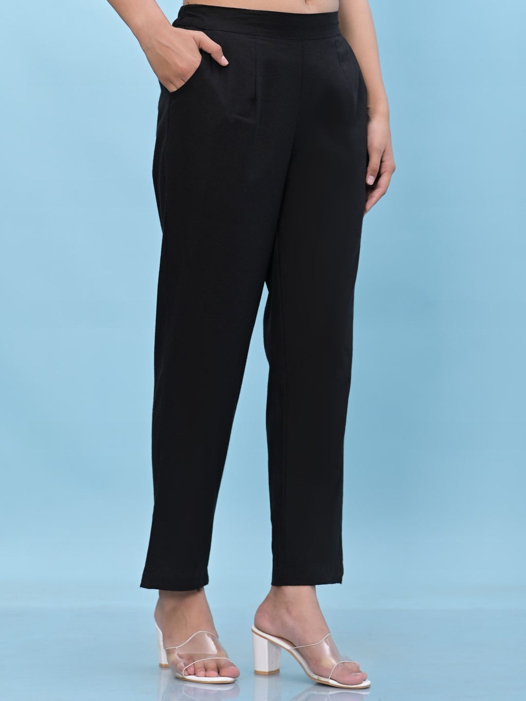 Juniper Women's Black Solid Cotton Pants with Partially Elasticated Waistband and Two Side Pockets | Grocsy
