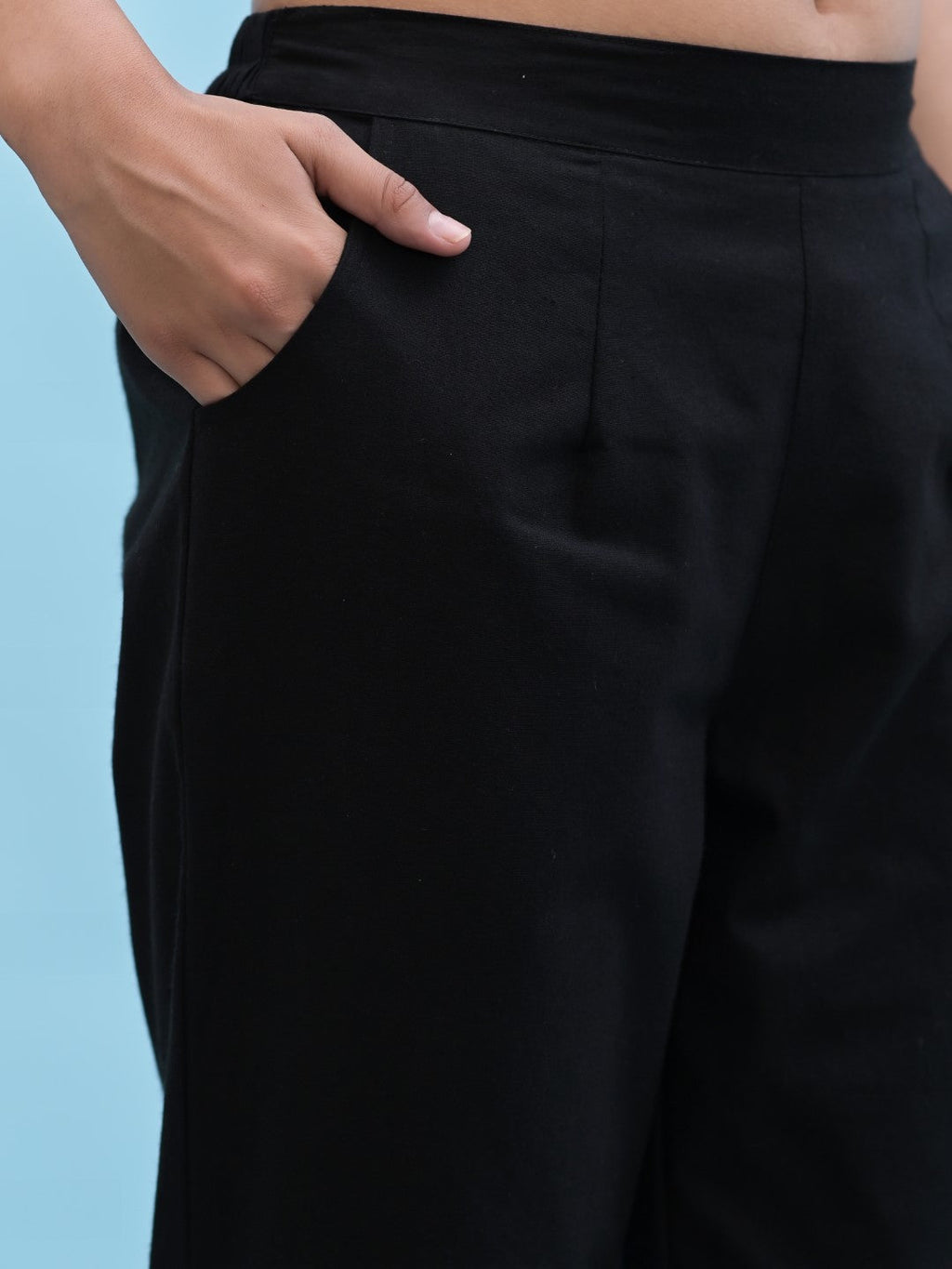 Juniper Women's Black Solid Cotton Pants with Partially Elasticated Waistband and Two Side Pockets | Grocsy