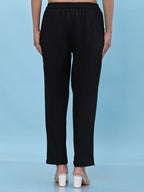 Juniper Women's Black Solid Cotton Pants with Partially Elasticated Waistband and Two Side Pockets | Grocsy
