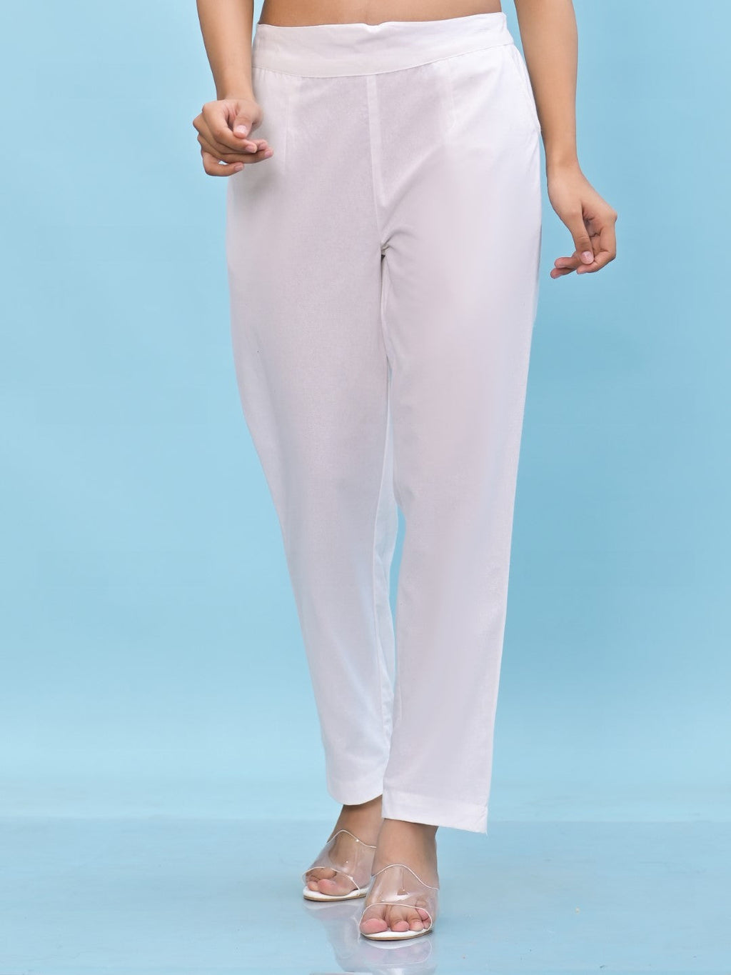 Juniper Women's White Solid Cotton Pants with Partially Elasticated Waistband and Two Side Pockets | Grocsy