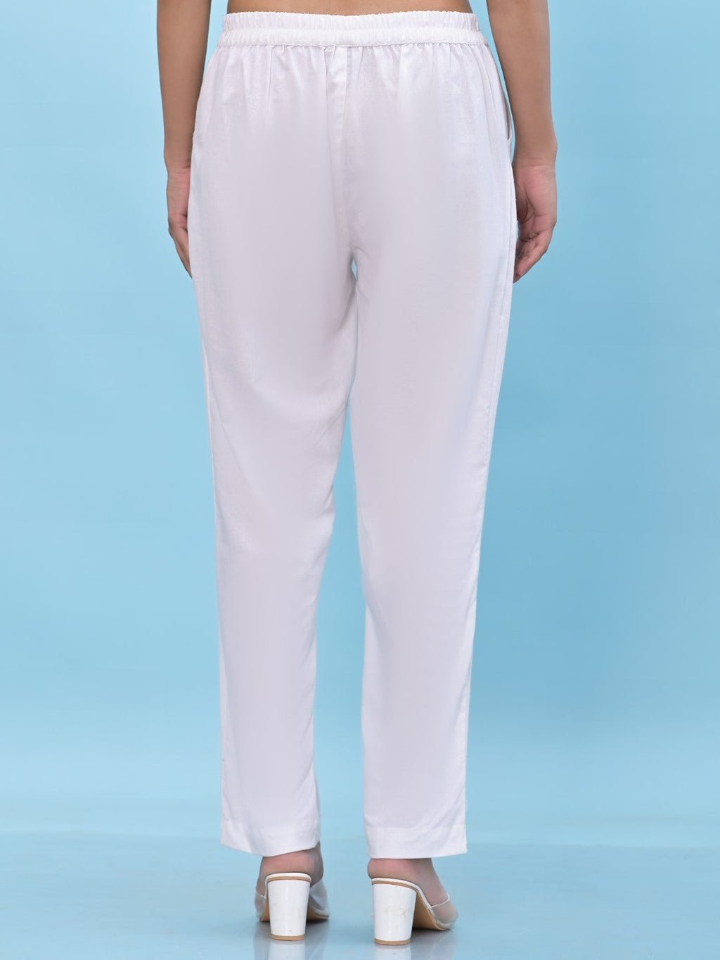 Juniper Women's White Solid Cotton Pants with Partially Elasticated Waistband and Two Side Pockets | Grocsy