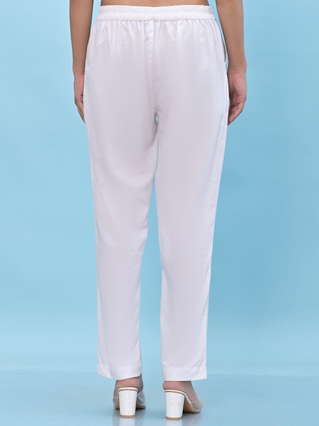 Juniper Women's White Solid Cotton Pants with Partially Elasticated Waistband and Two Side Pockets | Grocsy