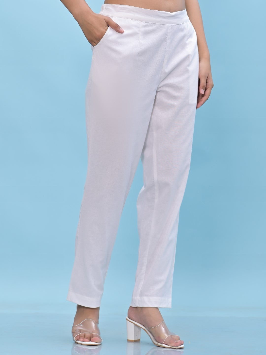 Juniper Women's White Solid Cotton Pants with Partially Elasticated Waistband and Two Side Pockets | Grocsy