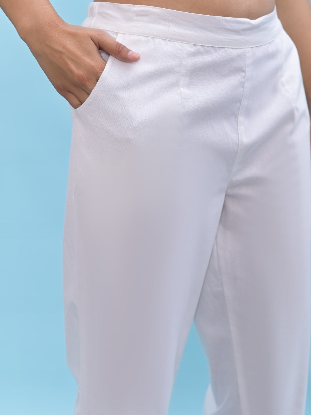 Juniper Women's White Solid Cotton Pants with Partially Elasticated Waistband and Two Side Pockets | Grocsy