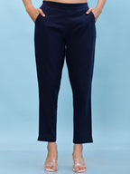 Juniper Women's Navy Blue Solid Cotton Pants with Partially Elasticated Waistband and Two Side Pockets | Grocsy