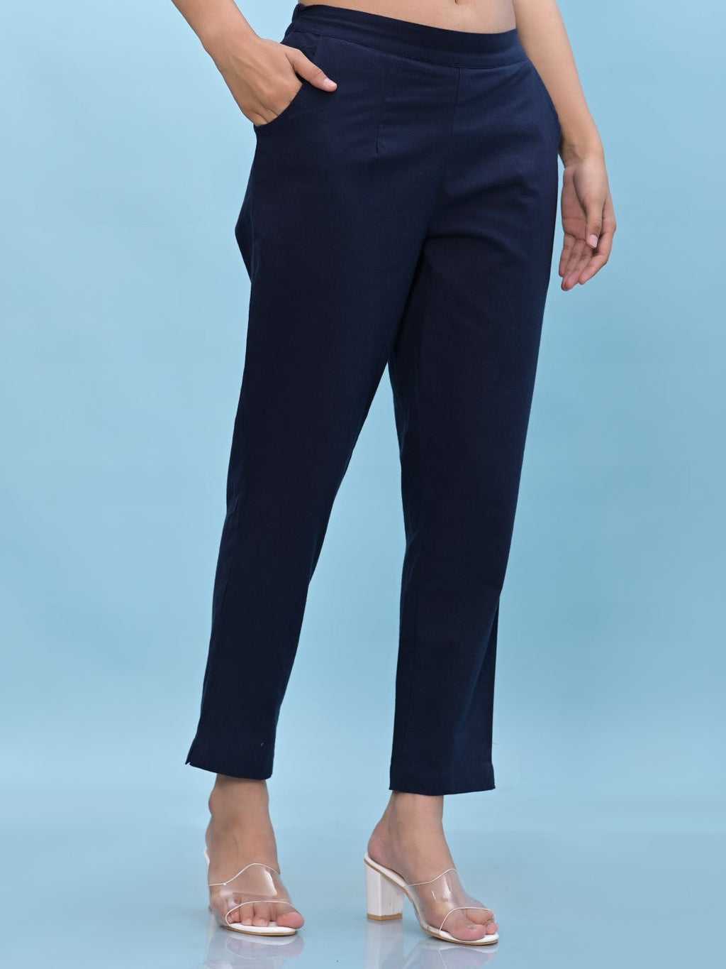 Juniper Women's Navy Blue Solid Cotton Pants with Partially Elasticated Waistband and Two Side Pockets | Grocsy