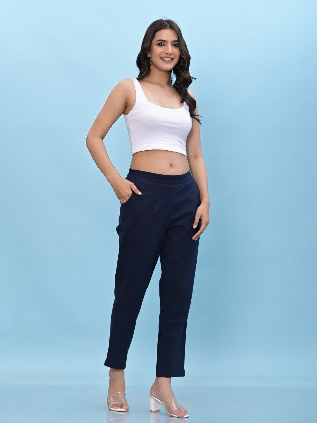 Juniper Women's Navy Blue Solid Cotton Pants with Partially Elasticated Waistband and Two Side Pockets | Grocsy