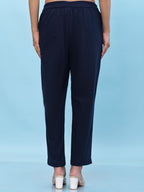 Juniper Women's Navy Blue Solid Cotton Pants with Partially Elasticated Waistband and Two Side Pockets | Grocsy