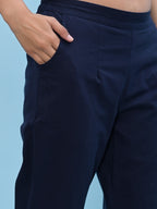 Juniper Women's Navy Blue Solid Cotton Pants with Partially Elasticated Waistband and Two Side Pockets | Grocsy