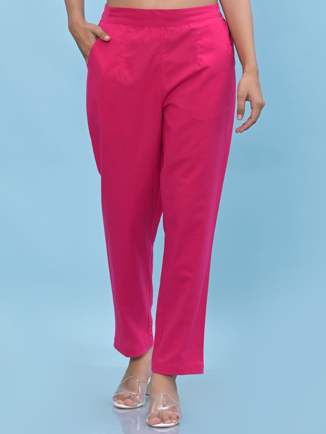 Juniper Women's Fuchsia Solid Cotton Pants with Partially Elasticated Waistband and Two Side Pockets | Grocsy