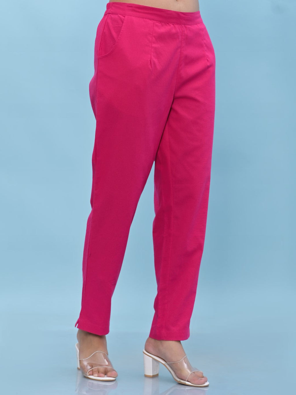 Juniper Women's Fuchsia Solid Cotton Pants with Partially Elasticated Waistband and Two Side Pockets | Grocsy