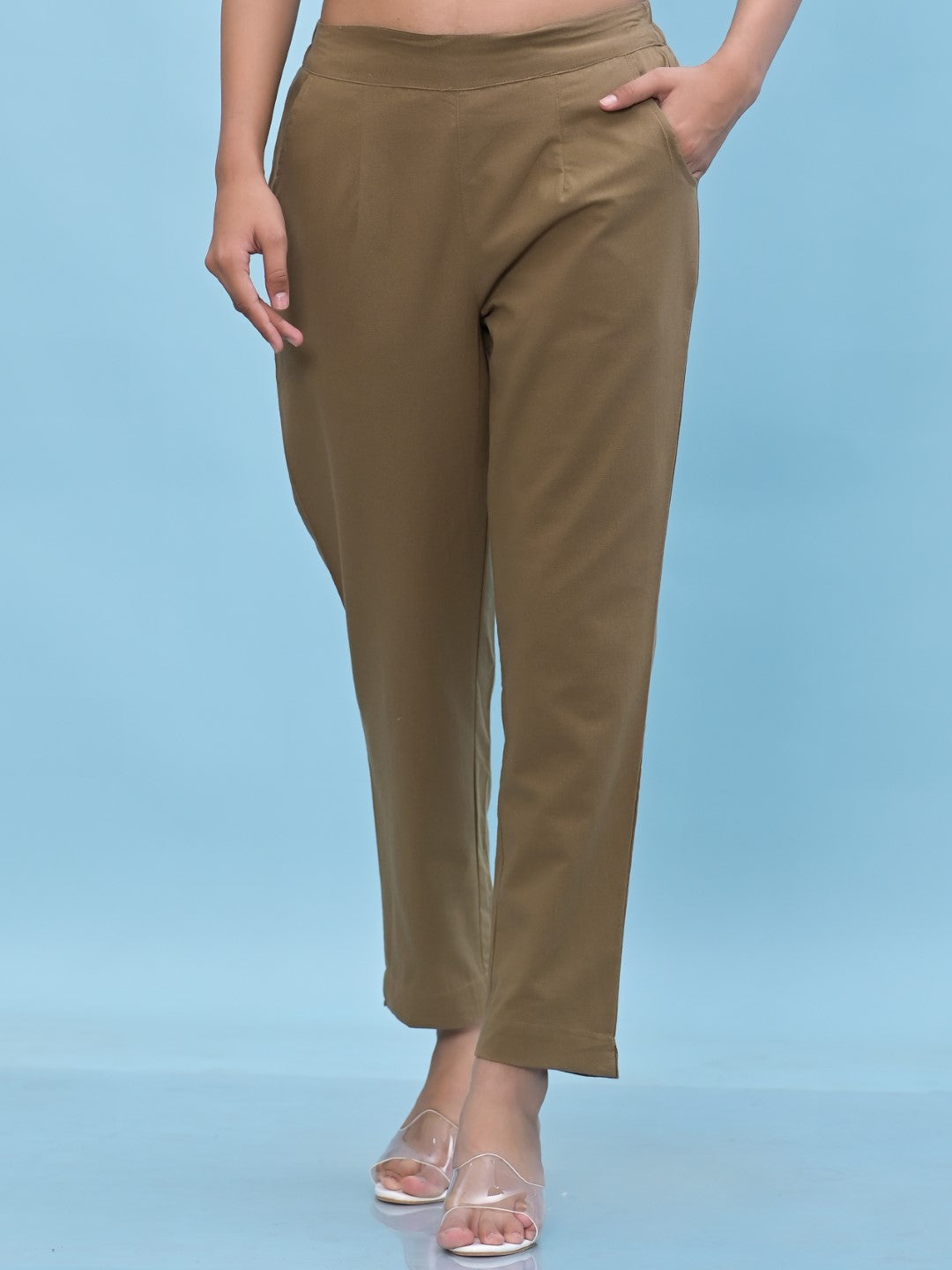 Juniper Women's Brown Solid Cotton Pants with Partially Elasticated Waistband and Two Side Pockets | Grocsy
