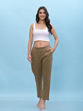 Juniper Women's Brown Solid Cotton Pants with Partially Elasticated Waistband and Two Side Pockets | Grocsy