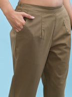 Juniper Women's Brown Solid Cotton Pants with Partially Elasticated Waistband and Two Side Pockets | Grocsy