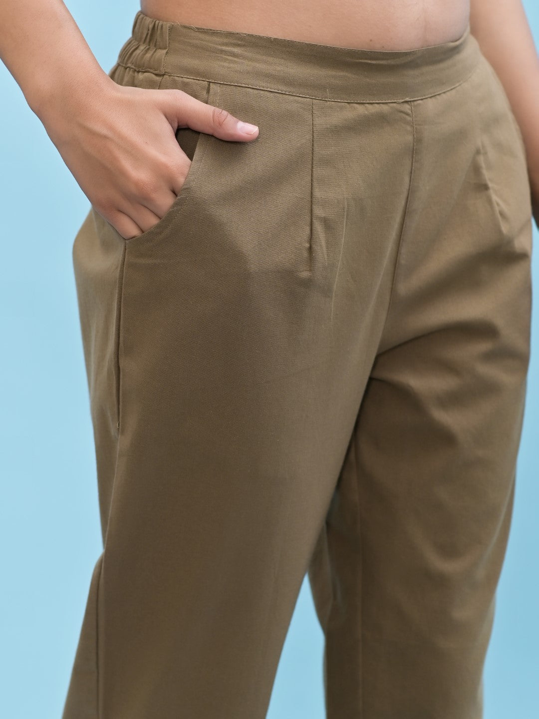 Juniper Women's Brown Solid Cotton Pants with Partially Elasticated Waistband and Two Side Pockets | Grocsy
