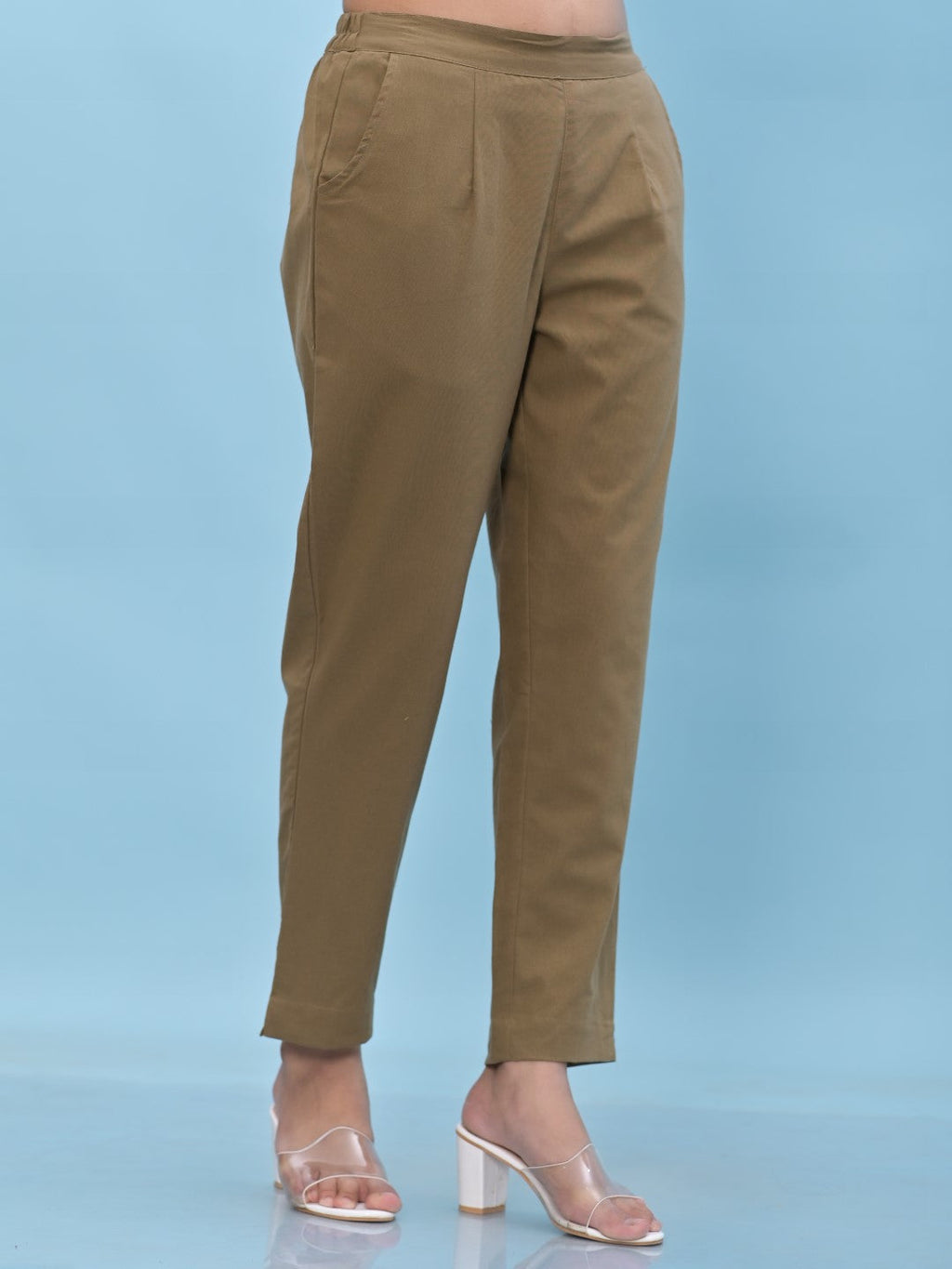 Juniper Women's Brown Solid Cotton Pants with Partially Elasticated Waistband and Two Side Pockets | Grocsy