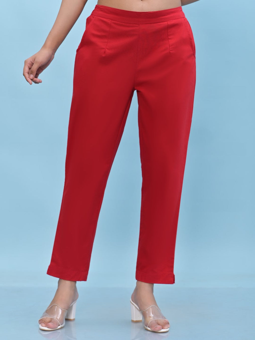 Juniper Women's Red Solid Cotton Pants with Partially Elasticated Waistband and Two Side Pockets | Grocsy