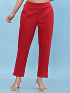 Juniper Women's Red Solid Cotton Pants with Partially Elasticated Waistband and Two Side Pockets | Grocsy