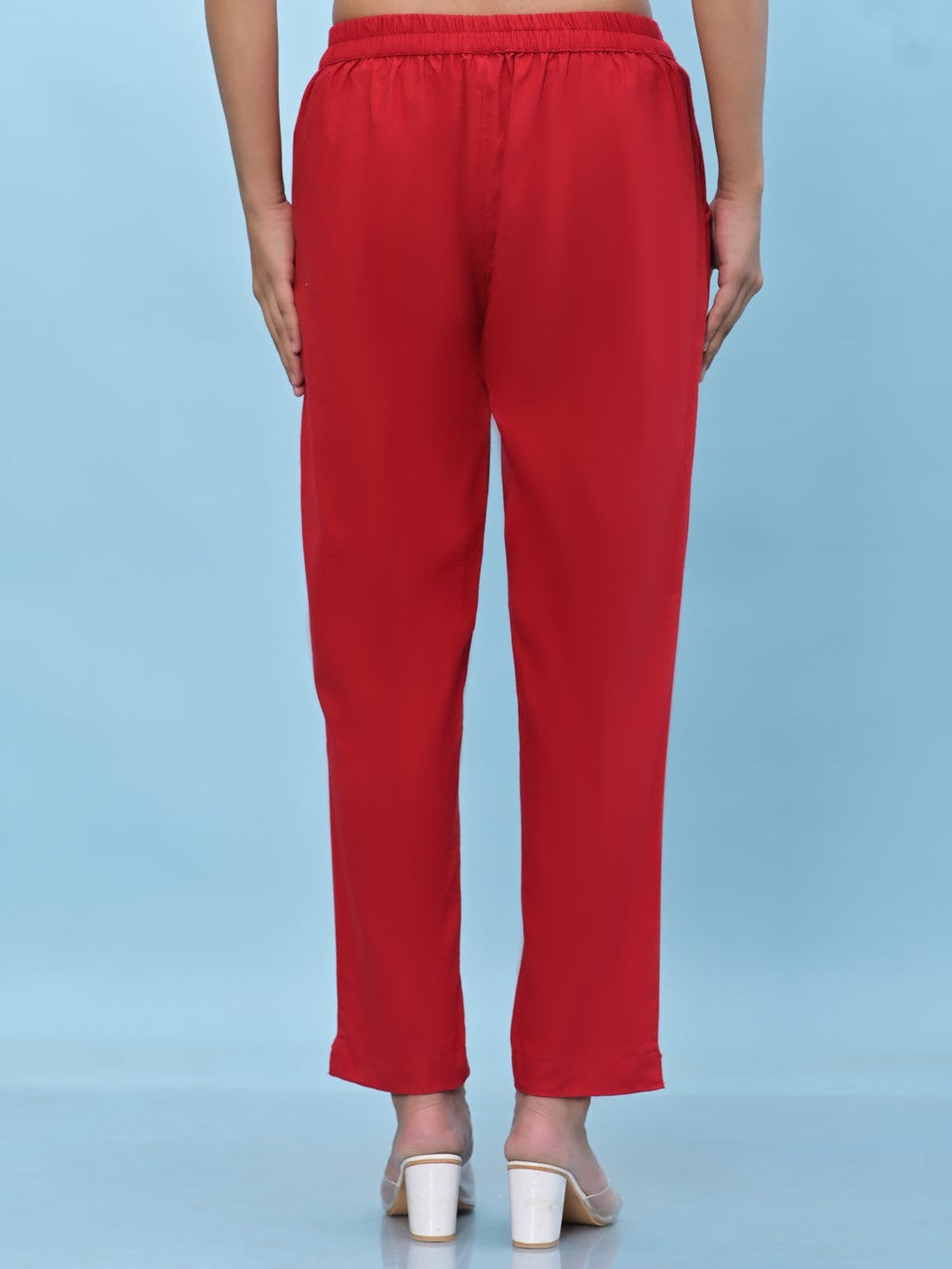Juniper Women's Red Solid Cotton Pants with Partially Elasticated Waistband and Two Side Pockets | Grocsy