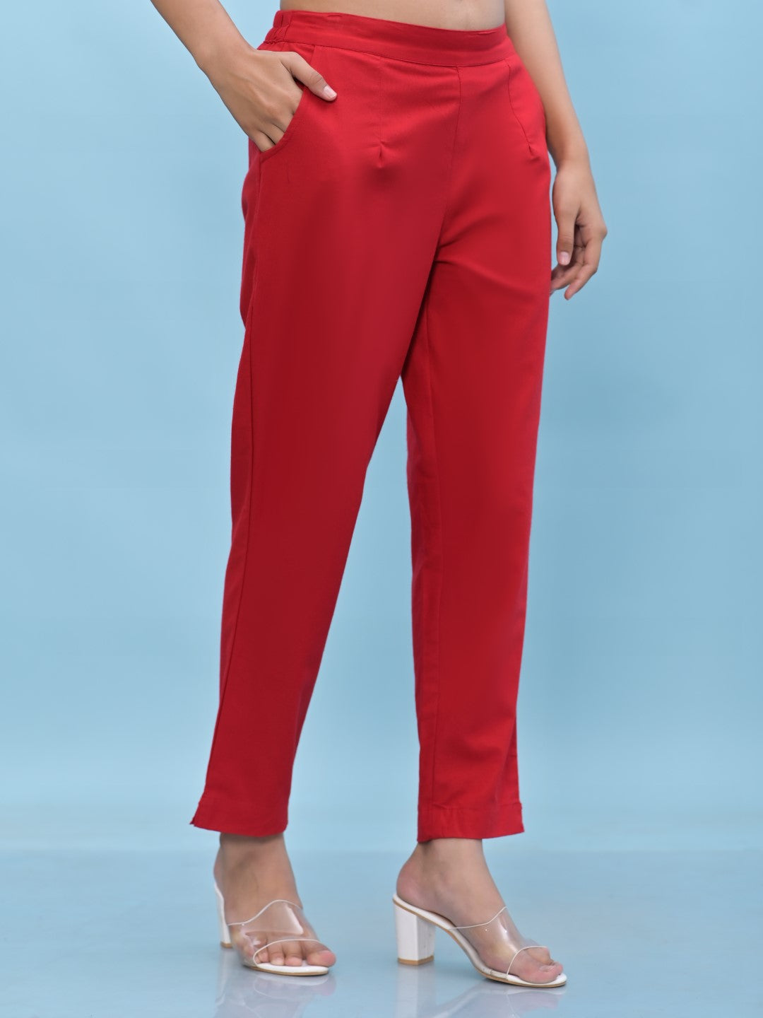 Juniper Women's Red Solid Cotton Pants with Partially Elasticated Waistband and Two Side Pockets | Grocsy