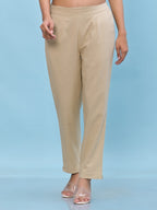 Juniper Women's Beige Solid Cotton Pants with Partially Elasticated Waistband and Two Side Pockets | Grocsy