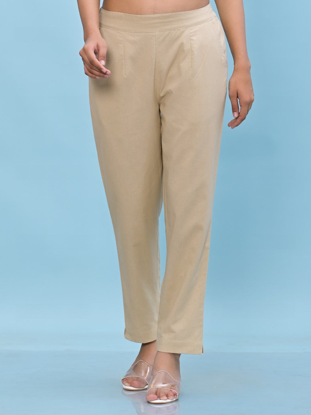 Juniper Women's Beige Solid Cotton Pants with Partially Elasticated Waistband and Two Side Pockets | Grocsy