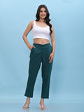 Juniper Women's Green Solid Cotton Pants with Partially Elasticated Waistband and Two Side Pockets | Grocsy