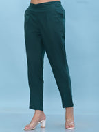 Juniper Women's Green Solid Cotton Pants with Partially Elasticated Waistband and Two Side Pockets | Grocsy