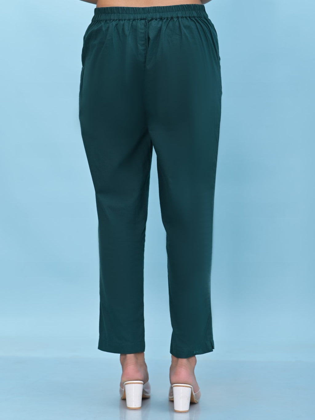 Juniper Women's Green Solid Cotton Pants with Partially Elasticated Waistband and Two Side Pockets | Grocsy