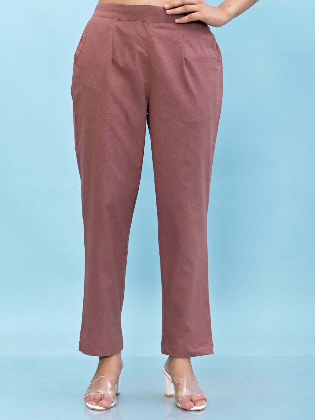 Juniper Women's Mauve Solid Cotton Pants with Partially Elasticated Waistband and Two Side Pockets | Grocsy