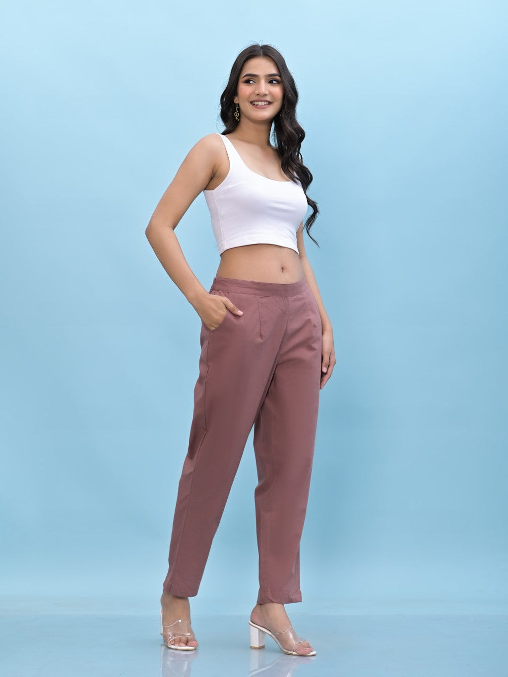 Juniper Women's Mauve Solid Cotton Pants with Partially Elasticated Waistband and Two Side Pockets | Grocsy