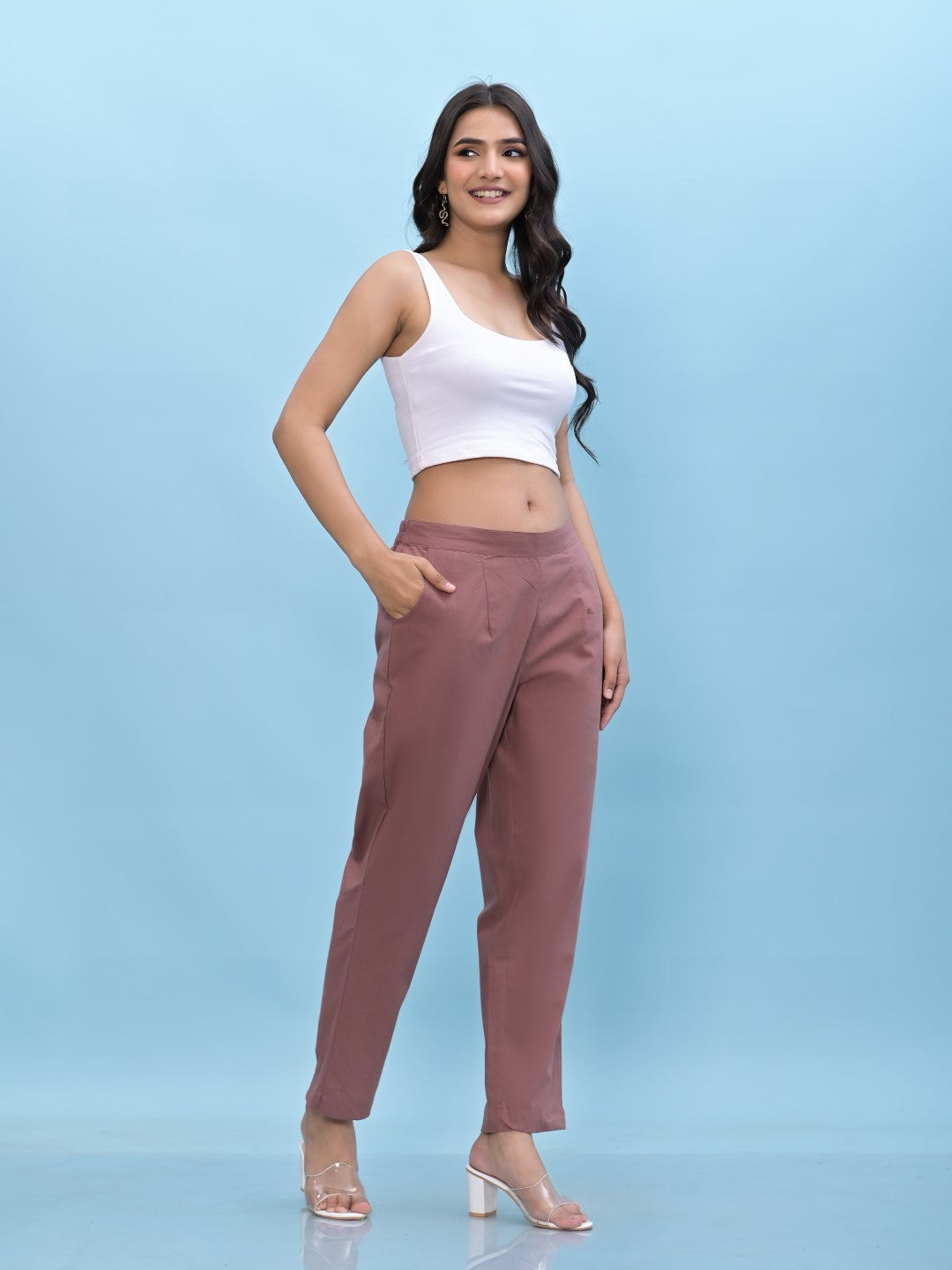 Juniper Women's Mauve Solid Cotton Pants with Partially Elasticated Waistband and Two Side Pockets | Grocsy
