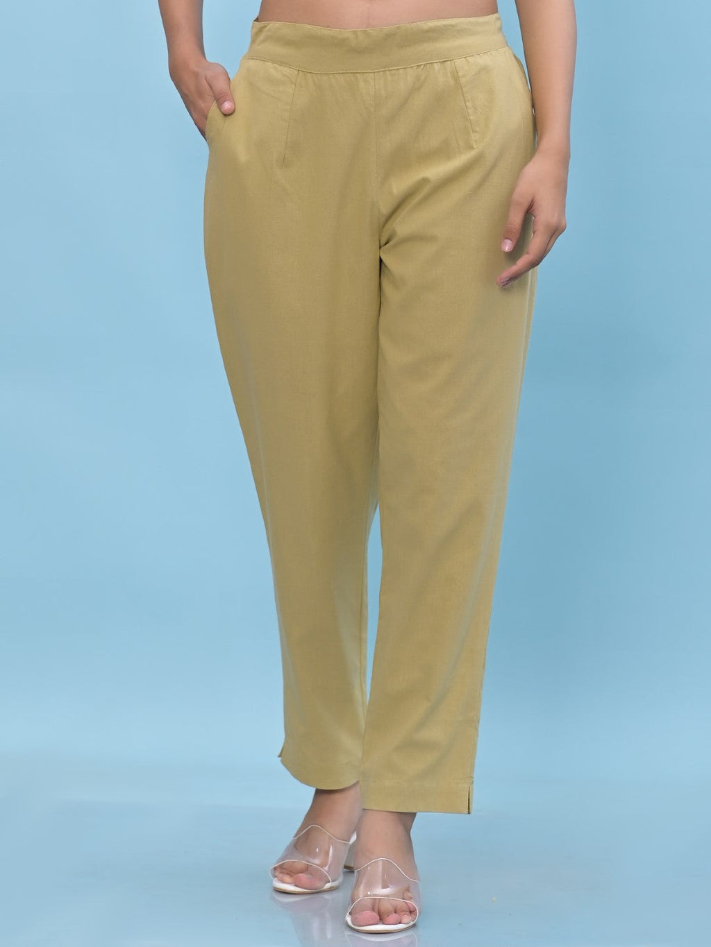 Juniper Women's Olive Solid Cotton Pants with Partially Elasticated Waistband and Two Side Pockets | Grocsy