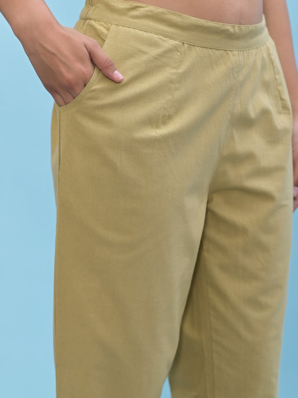 Juniper Women's Olive Solid Cotton Pants with Partially Elasticated Waistband and Two Side Pockets | Grocsy