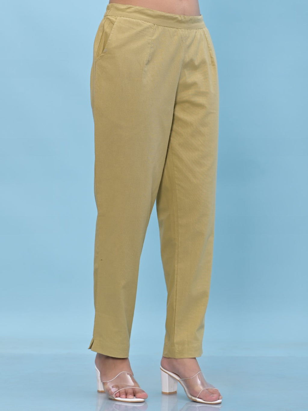 Juniper Women's Olive Solid Cotton Pants with Partially Elasticated Waistband and Two Side Pockets | Grocsy