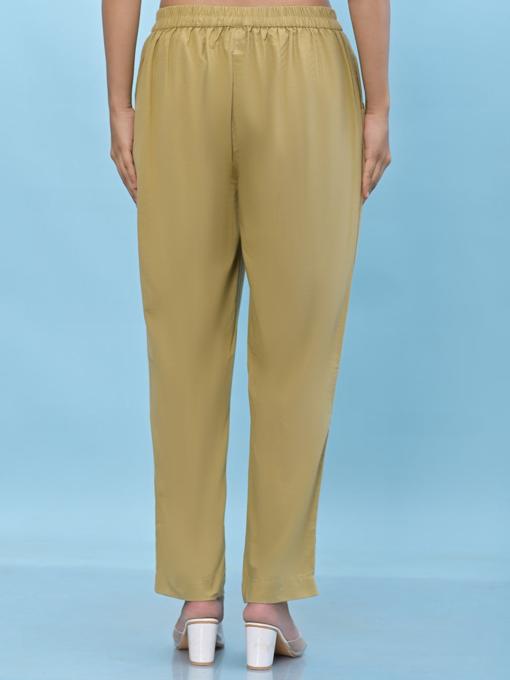 Juniper Women's Olive Solid Cotton Pants with Partially Elasticated Waistband and Two Side Pockets | Grocsy