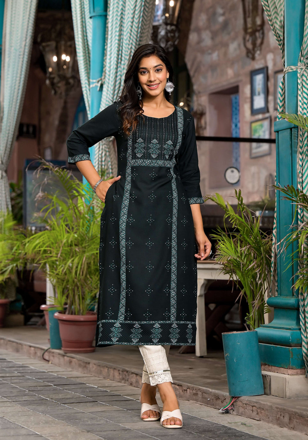 Juniper Women's Bottle Green Ethnic Motif Printed Rayon Kurta With Straight Hemline | Grocsy
